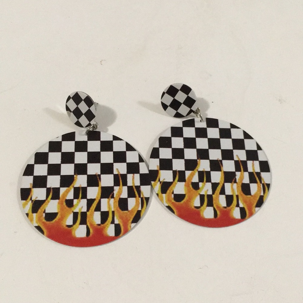 Topshop black white checkered earrings with fire